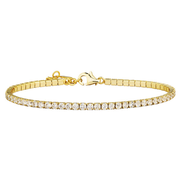 Pulsera tennis en plata 925 con terminación en oro amarillo 18 kilates con circonita suiza y broche de seguridad, mide 17 cm.