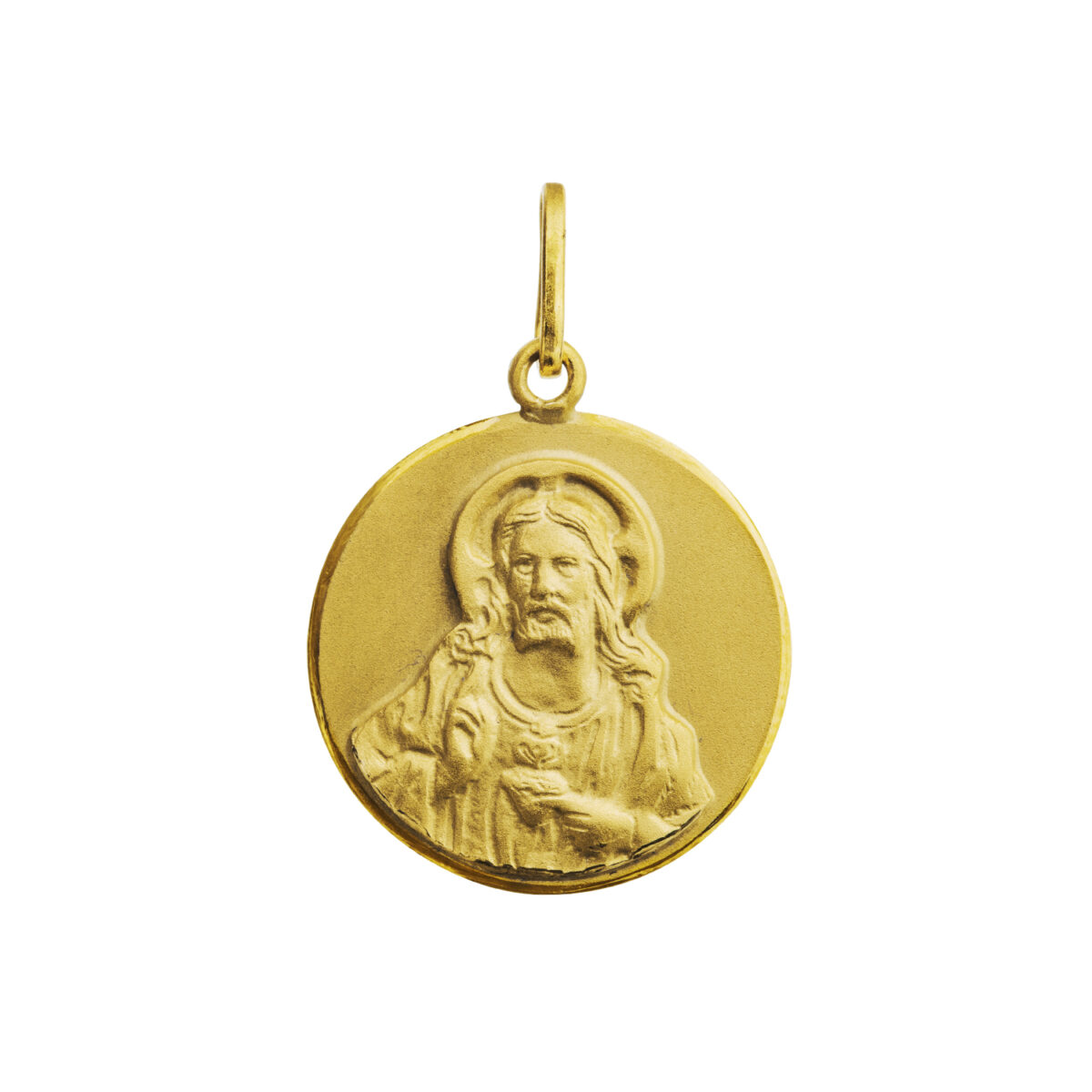 Medalla Sagrado Corazón de Jesús en forma redonda diseñada en oro amarillo de 18 kilates. Mide 15 milímetros.