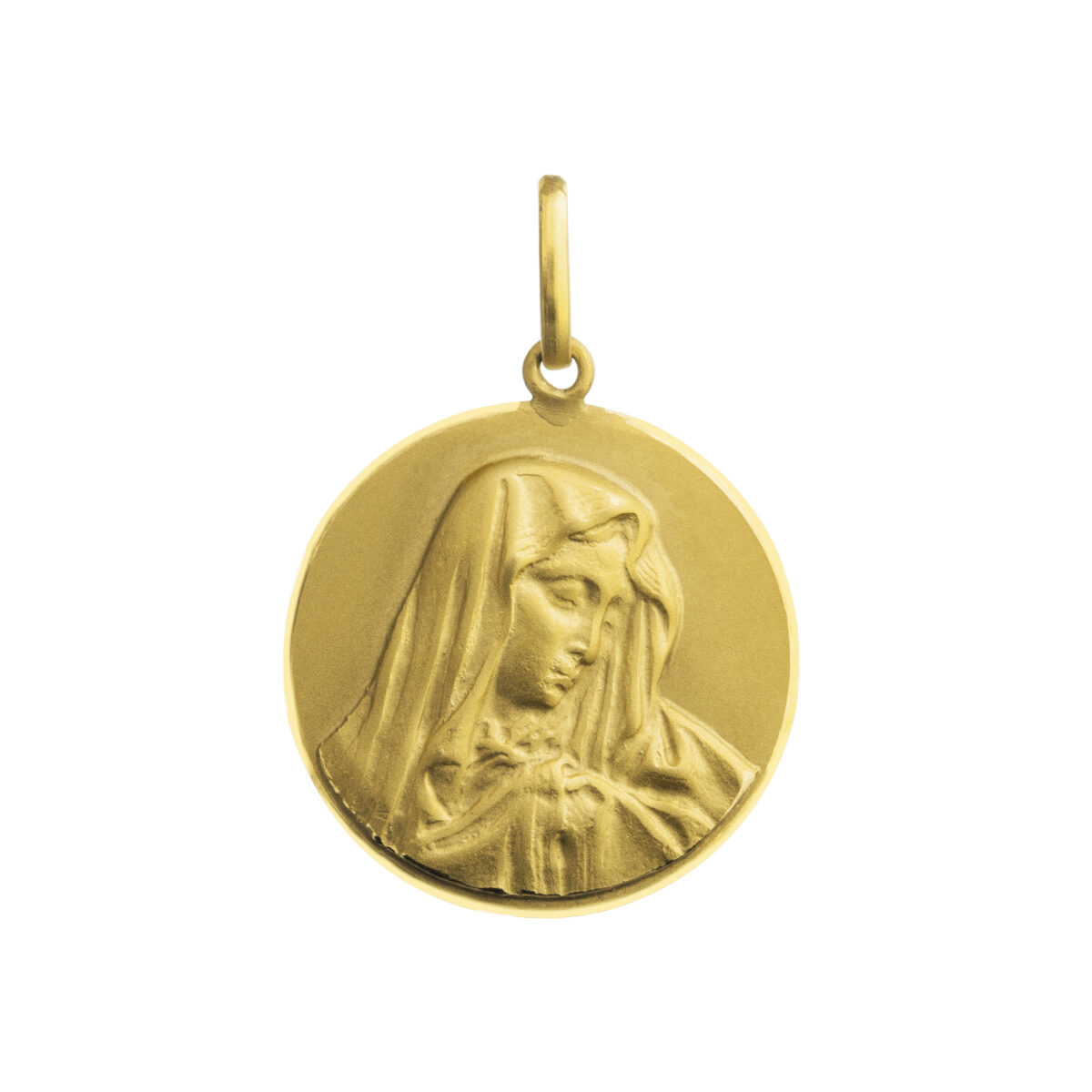 Medalla Virgen del Manto en forma redonda, diseñada en oro amarillo de 18 kilates. Mide 18 milímetros.