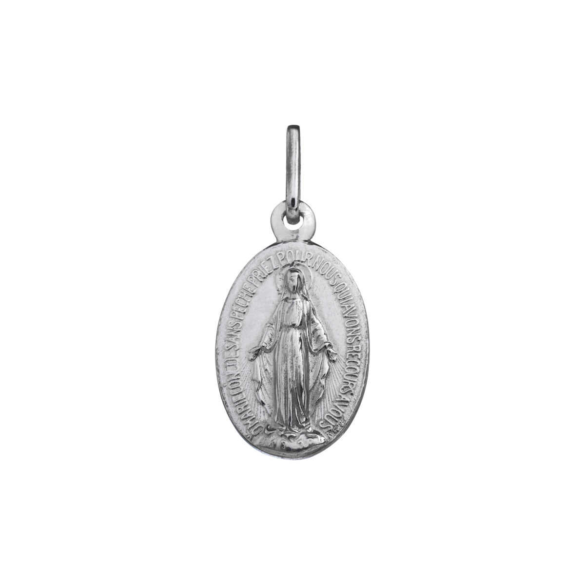 Medalla Virgen de los Rayos en forma ovalada, diseñada en plata 925. Mide 20 milímetros.